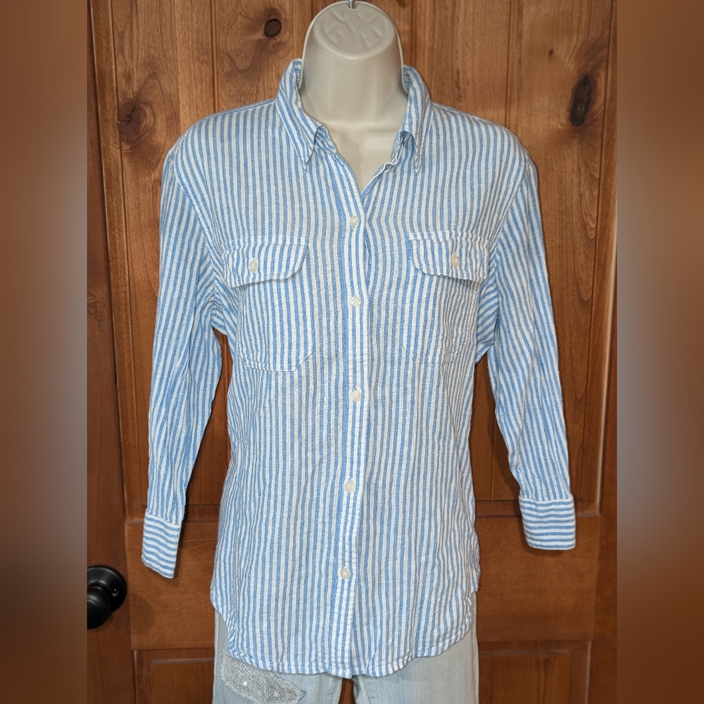 Chaps Light Blue and White Striped‎ Casual Shirt